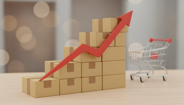 Business growth chart with stacked boxes and shopping cart symbolizing sales increase and e-commerce - Powered by Adobe