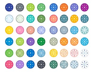 Array of colorful circles each containing tiny white dots arranged in varying patterns on a white background