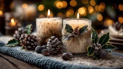 Two decorative candles, adorned with pine cones and holly, create a warm and inviting festive table setting.