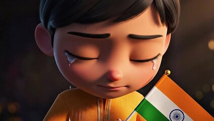 Animated Indian Child Mourning Holding Flag Martyr Day Tribute