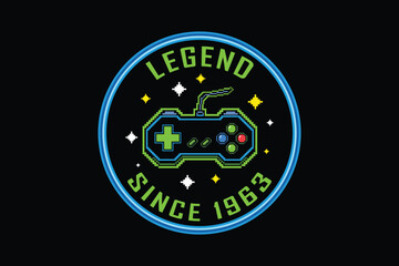 Legendary gamer badge with retro controller and starry night sky