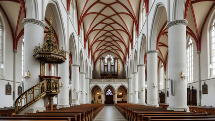 Fototapeta premium Interior of a grand church with pews, columns, and ornate pulpit cathedral worship
