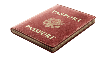 Red passport booklet symbolizing international travel, immigration, identity document, visa process, tourism, global mobility isolated realistic object on white background