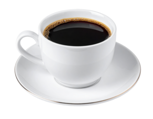 Elegant White Coffee Cup Filled With Black Brew on a Saucer Isolated Against Transparent Background