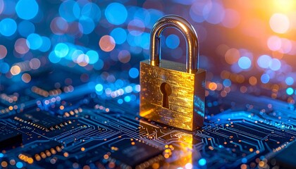 Golden padlock on circuit board with digital glow