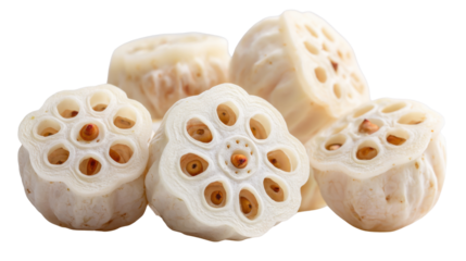 Fresh lotus root slices vegetable food ingredient Asian cuisine healthy produce macro texture isolated studio composition on white background