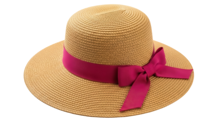 Elegant straw sun hat with pink ribbon isolated PNG, fashionable summer headwear for sun protection and stylish beach vacation apparel