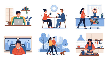Daily Life Scenes: Working, Coffee, Yoga, Commuting, Walking Dog, Cooking