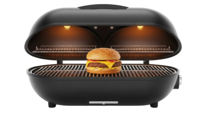Delicious burger on a grill isolated PNG, juicy beef patty with cheese and sesame bun for barbecue picnic and summer cooking