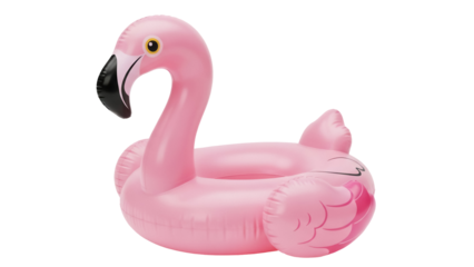 Pink flamingo pool float PNG isolated on transparent background, summer fun inflatable toy for swimming and vacation