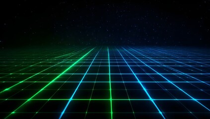 Abstract digital grid stretching into the darkness with glowing neon lines in green and blue illuminating the futuristic virtual landscape