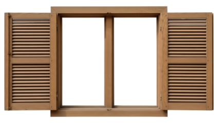 Wooden window frame with shutters isolated PNG, traditional window with louvers on transparent background, architectural element for design