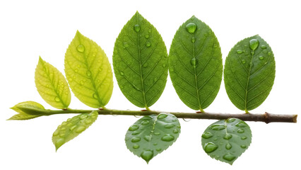 Fototapeta premium Fresh green leaves with water droplets isolated PNG, vibrant foliage on transparent background for nature-themed designs and botanical projects