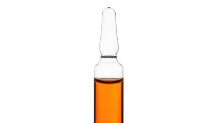 Amber liquid in glass ampoule isolated PNG, pharmaceutical vial for medical treatment and healthcare purposes on transparent background