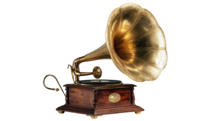 Vintage gramophone with brass horn antique music player classic audio equipment nostalgic design isolated studio render on white background