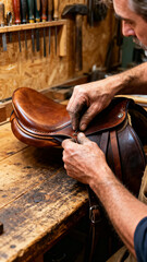Obraz premium A skilled artisan meticulously works on a leather saddle, demonstrating craftsmanship and precision in their workshop. The scene evokes a sense of tradition and expertise.