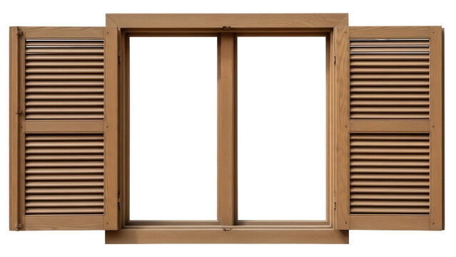 Wooden window frame with shutters isolated PNG, traditional window with louvers on transparent background, architectural element for design