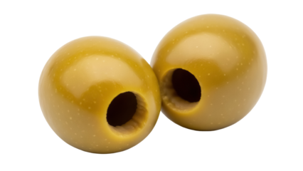 Two green olives isolated PNG on transparent background, pitted olive fruit for Mediterranean cuisine and healthy eating