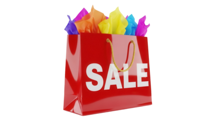 Red shopping bag with SALE text isolated PNG, colorful tissue paper sticking out, retail promotion concept for advertising and marketing