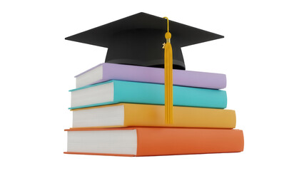 Graduation cap on stack of books PNG isolated on transparent background, academic achievement and educational success concept