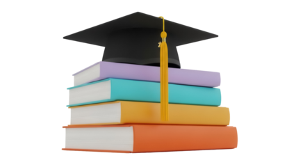 Graduation cap on stack of books PNG isolated on transparent background, academic achievement and educational success concept