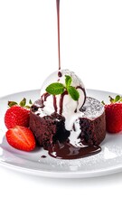 Chocolate lava cake with ice cream, mint, and strawberries on a white plate, sauce being drizzled on top