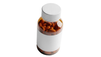 Amber pill bottle with blank label isolated PNG, medicine container for supplements and vitamins on transparent background
