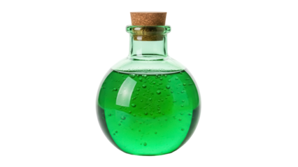 Green potion in glass bottle with cork isolated PNG, magical elixir for fantasy games and Halloween designs on transparent background