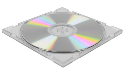 Transparent CD jewel case with disc inside isolated PNG, compact disc storage container for music and data archiving on transparent background