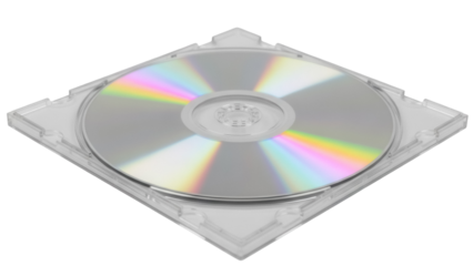 Transparent CD jewel case with disc inside isolated PNG, compact disc storage container for music and data archiving on transparent background