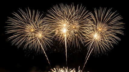 Obraz premium Celebratory Fireworks Display Over Urban Skyline at Night Event, Photographic Art, Sparkling Atmosphere