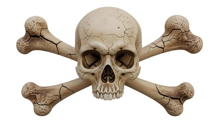 Cracked skull and crossbones isolated PNG, weathered bone texture pirate symbol on transparent background, danger sign for Halloween and gothic themes