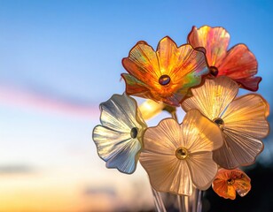 Glass flowers glow; sunset sky backdrop