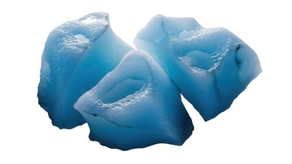 Fototapeta premium Three blue icebergs PNG isolated on transparent background, glacial ice formation with unique shapes and textures, polar landscape element