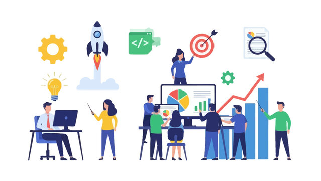 Business team, startup launch, data analysis, and strategy development illustration