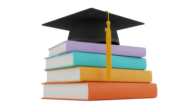 Graduation cap on stack of books PNG isolated on transparent background, academic achievement and educational success concept - Powered by Adobe
