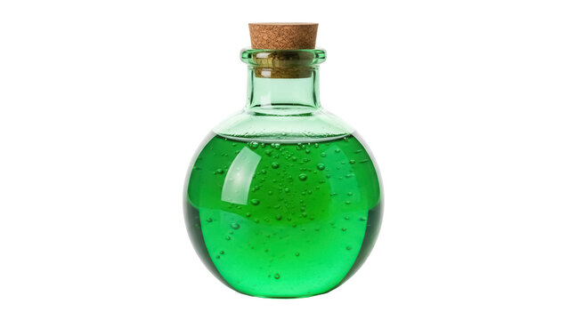 Green potion in glass bottle with cork isolated PNG, magical elixir for fantasy games and Halloween designs on transparent background