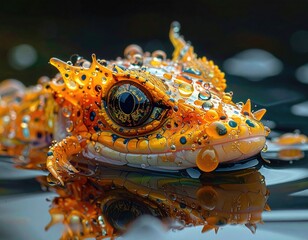 Detailed orange frog, water droplets. Reflective surface