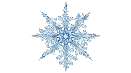 Detailed blue snowflake PNG isolated on transparent background, intricate ice crystal design for winter holiday and Christmas themes