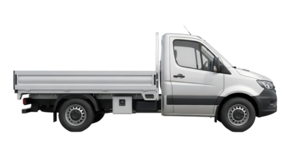 Silver flatbed truck PNG isolated on transparent background, commercial vehicle for construction and delivery services