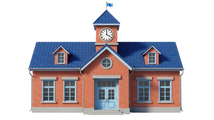 Cartoon school building PNG isolated on transparent background, brick facade with clock tower and blue roof for education and architecture projects © LUXSTORY