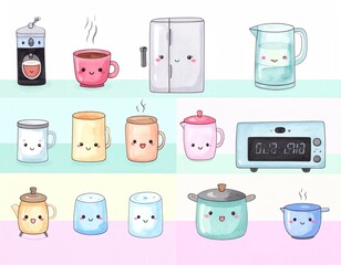 Cute kitchenware cups, pitcher, stove, pots, with faces
