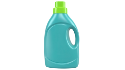 Turquoise laundry detergent bottle with green cap isolated PNG, cleaning product for washing clothes on transparent background