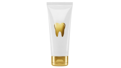 Toothpaste tube with golden tooth isolated PNG on transparent background, dental care product for oral hygiene and healthy gums