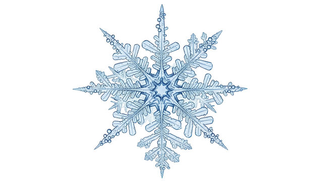 Detailed blue snowflake PNG isolated on transparent background, intricate ice crystal design for winter holiday and Christmas themes