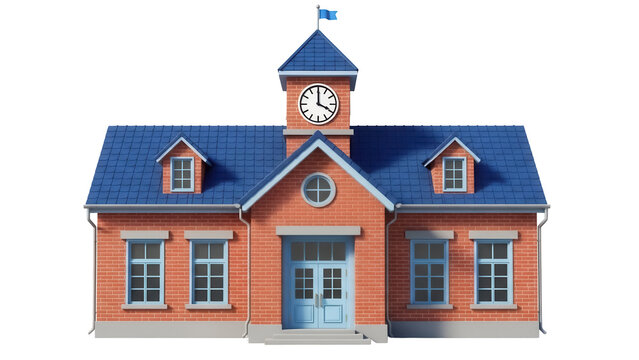 Cartoon school building PNG isolated on transparent background, brick facade with clock tower and blue roof for education and architecture projects
