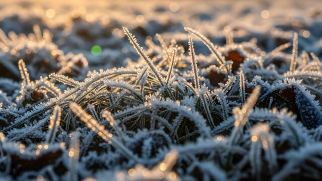 Frosty grass blades glisten in soft morning sunlight - Powered by Adobe