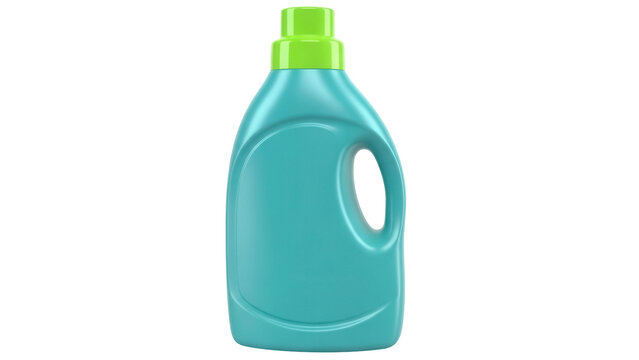 Turquoise laundry detergent bottle with green cap isolated PNG, cleaning product for washing clothes on transparent background