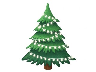 Festive green christmas tree decorated with twinkling white lights on white background