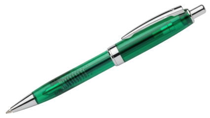 Green transparent ballpoint pen isolated PNG on transparent background, office supply for writing and drawing